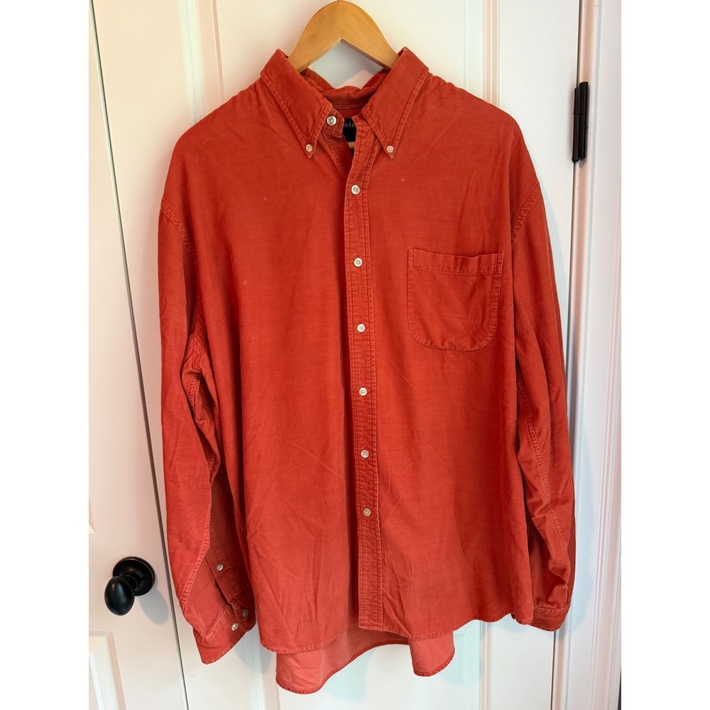 Lands End Mens Orange Corduroy  Button Down Long Sleeve Shirt XL